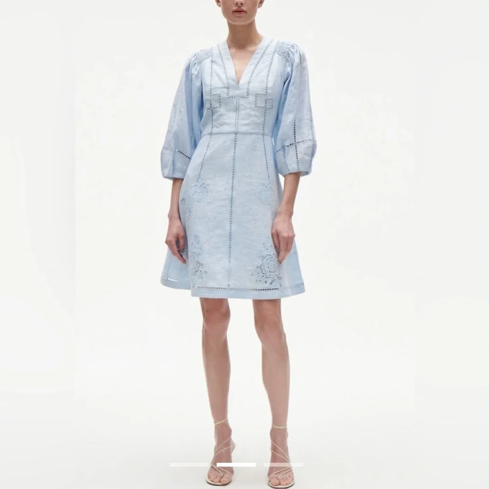 Figue Verna Linen embroidered dress soft blue NWT